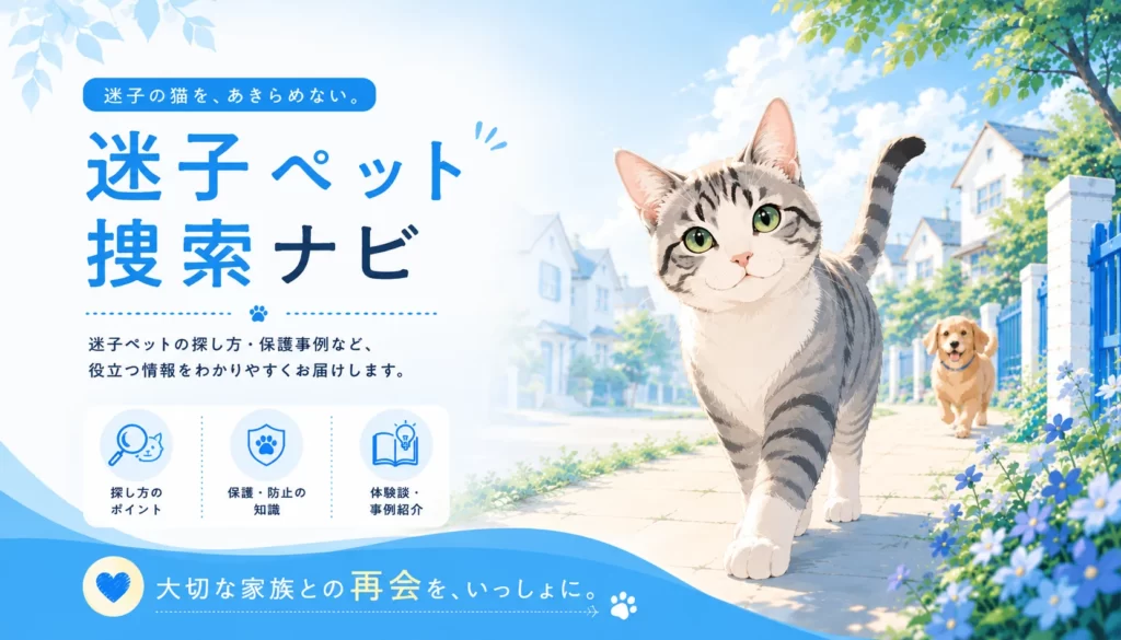 迷子のペット、迷子の猫についての役立つ情報をお届けします。掲示板や愛護センターの情報、チラシの作り方など