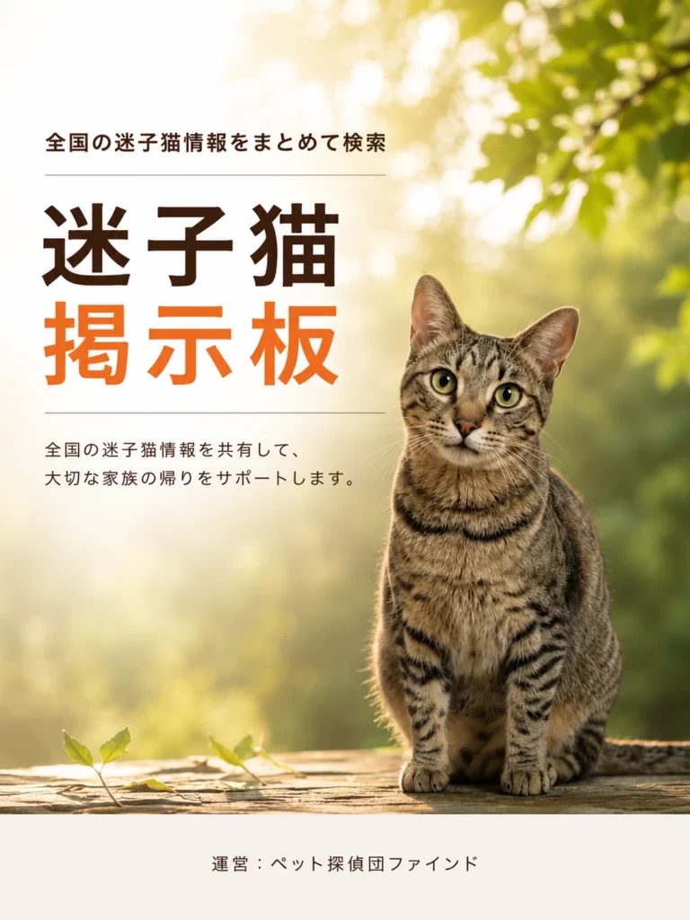 全国の迷子猫情報を共有している。大切な家族の帰りをサポートする。各地域の掲示板情報をまとめて探しやすくしている