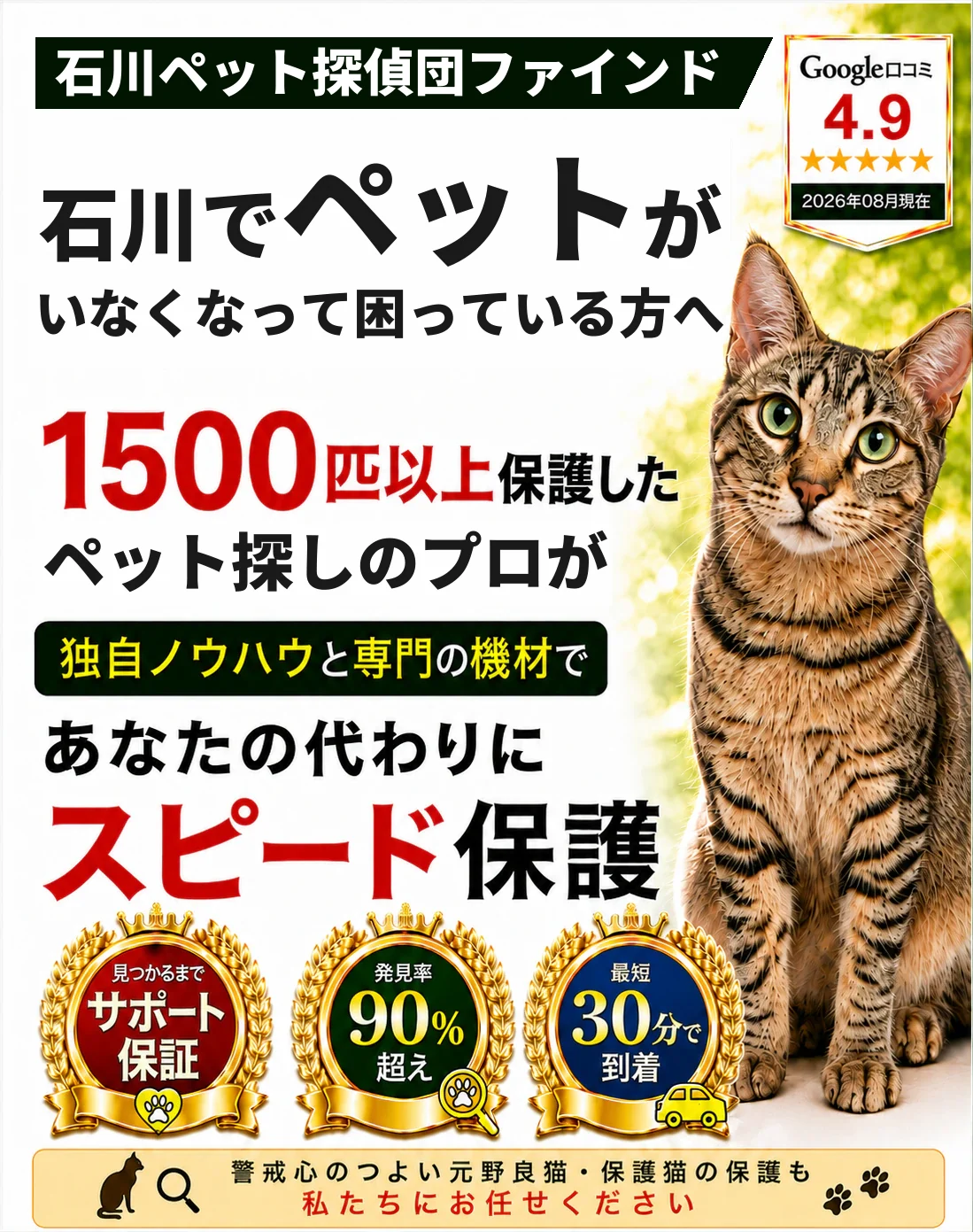 石川ペット探偵団ファインド。1500匹以上を保護したペット探しのプロが、あなたの代わりにスピード保護します