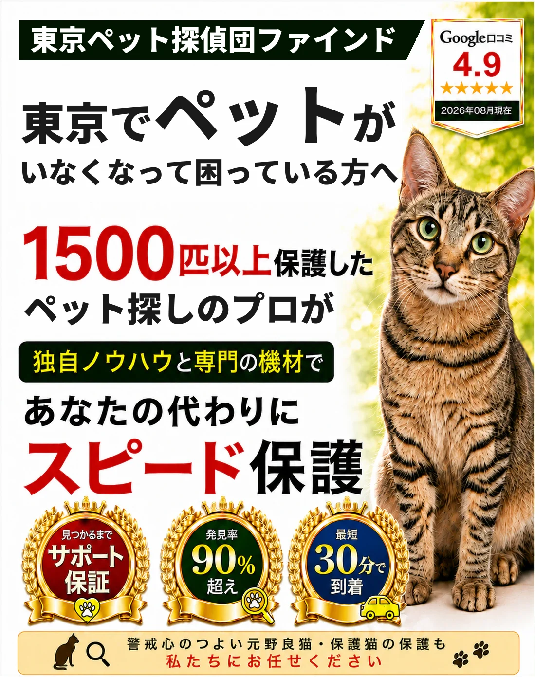 東京ペット探偵団ファインド。1500匹以上を保護したペット探しのプロが、あなたの代わりにスピード保護します
